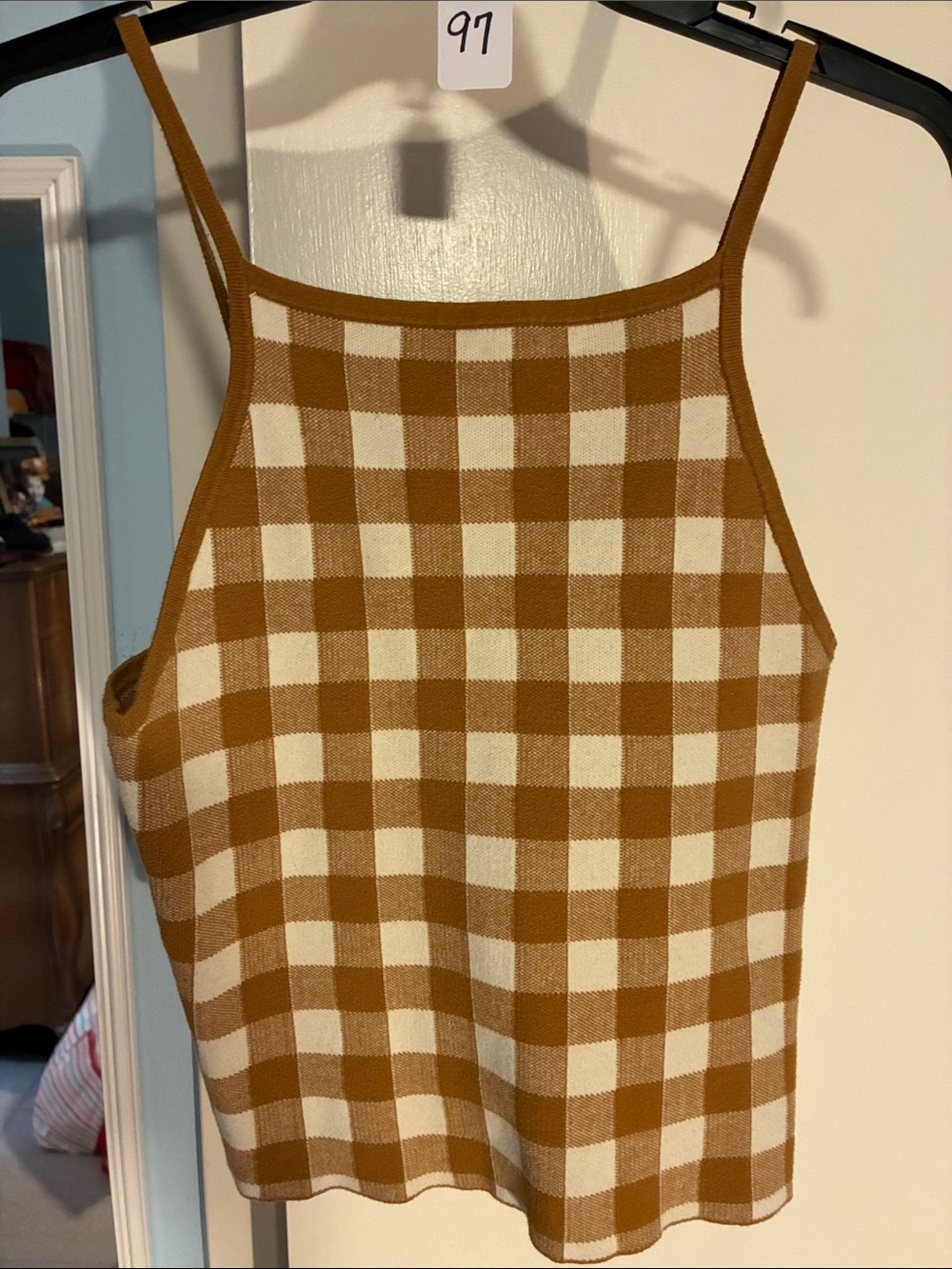 Madewell Camel & Cream Gingham Knit Spaghetti Strap Crop Top